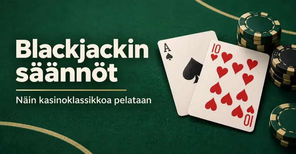 Pataässä, herttakymppi ja pelimerkkejä vihreällä pelipöydällä sekä teksti ”Blackjackin säännöt – Näin kasinoklassikkoa pelataan”.