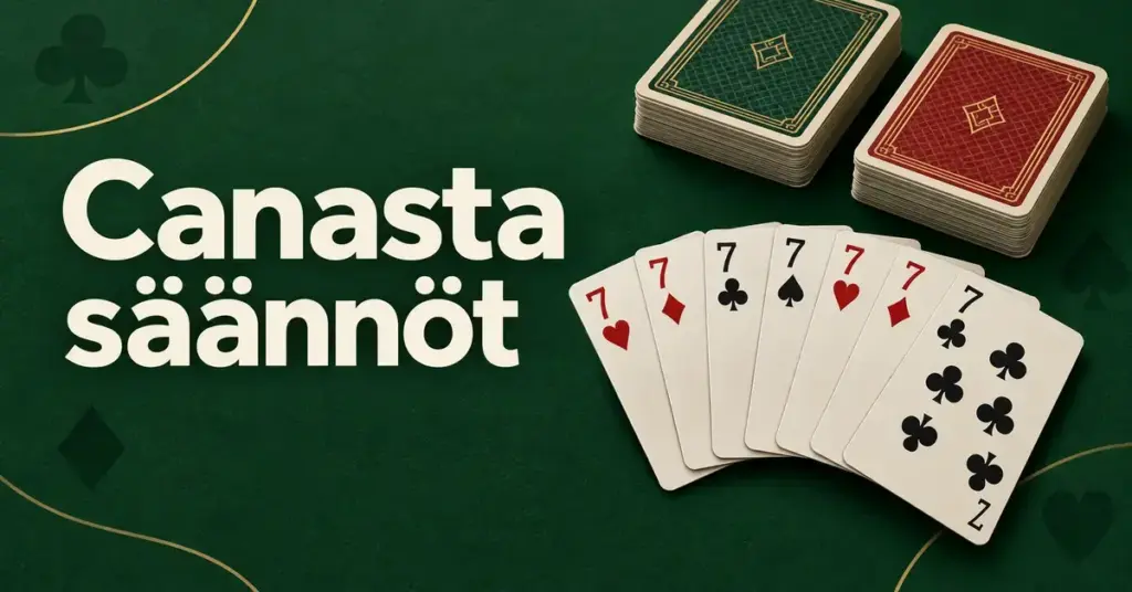 Canasta säännöt -otsikko sekä seitsemän seiskan korttiyhdistelmä ja kaksi korttipakkaa vihreällä taustalla.