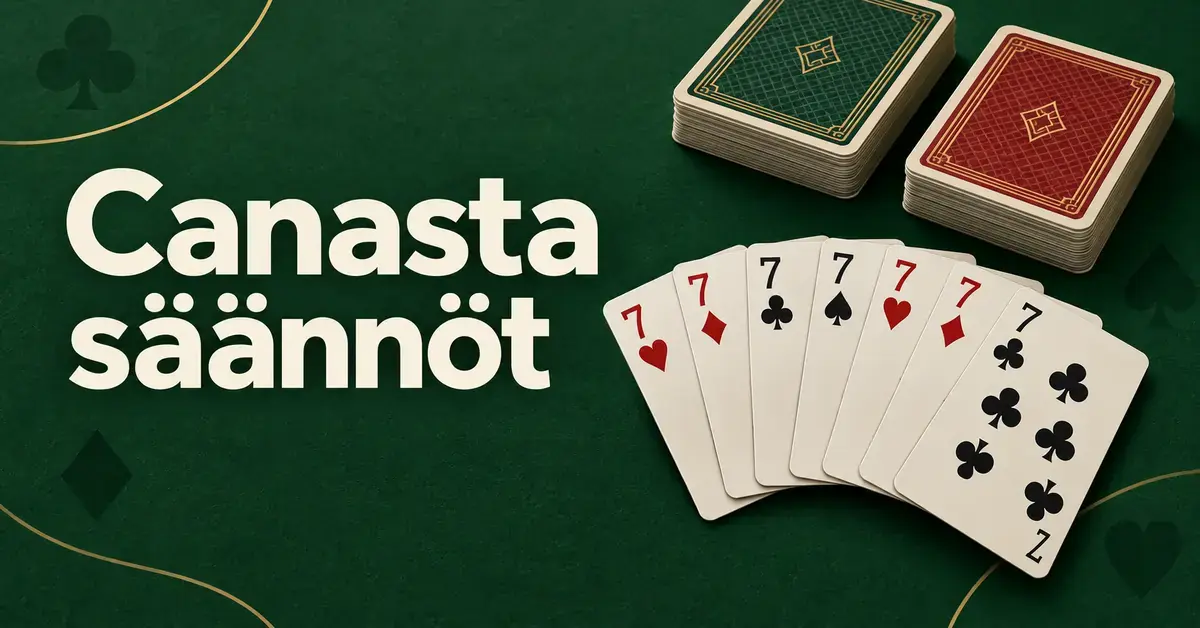 Canasta säännöt -otsikko sekä seitsemän seiskan korttiyhdistelmä ja kaksi korttipakkaa vihreällä taustalla.