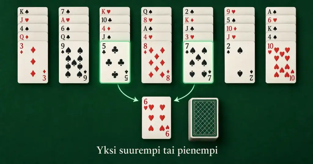 Tummanvihreällä pelipöydällä golf-pasianssin seitsemän korttisaraketta ja nuolet havainnollistavat, kuinka viitonen tai seiska voidaan siirtää peruspinon kuutosen päälle.