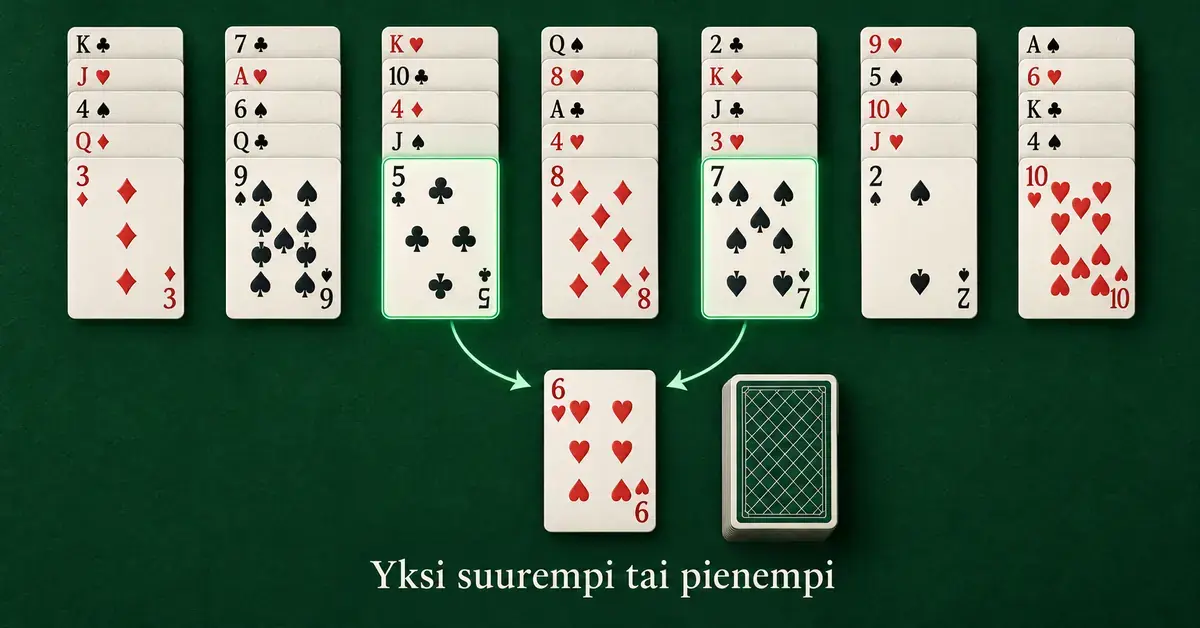 Tummanvihreällä pelipöydällä golf-pasianssin seitsemän korttisaraketta ja nuolet havainnollistavat, kuinka viitonen tai seiska voidaan siirtää peruspinon kuutosen päälle.