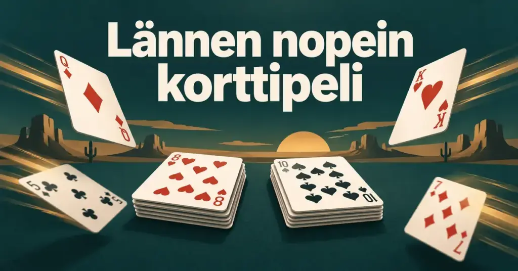 Vauhdikkaasti lentäviä pelikortteja ja kaksi korttipinoa villin lännen maisemassa sekä otsikko ”Lännen nopein korttipeli”.