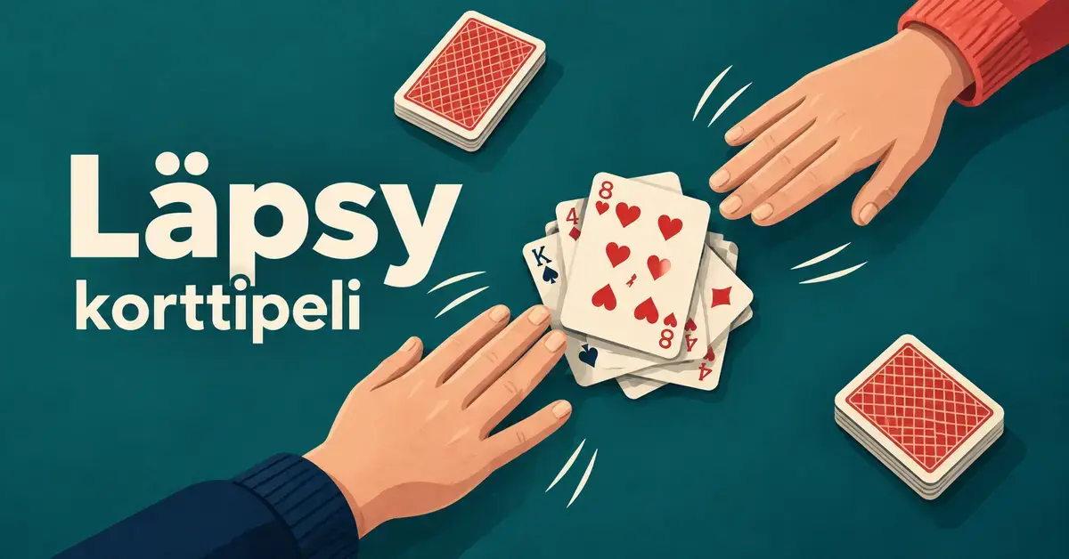 Kaksi kuvitettua kättä kurottaa pelikorttipinoa kohti Läpsy-korttipeliä esittävässä kuvassa, jossa on teksti ”Läpsy korttipeli”.