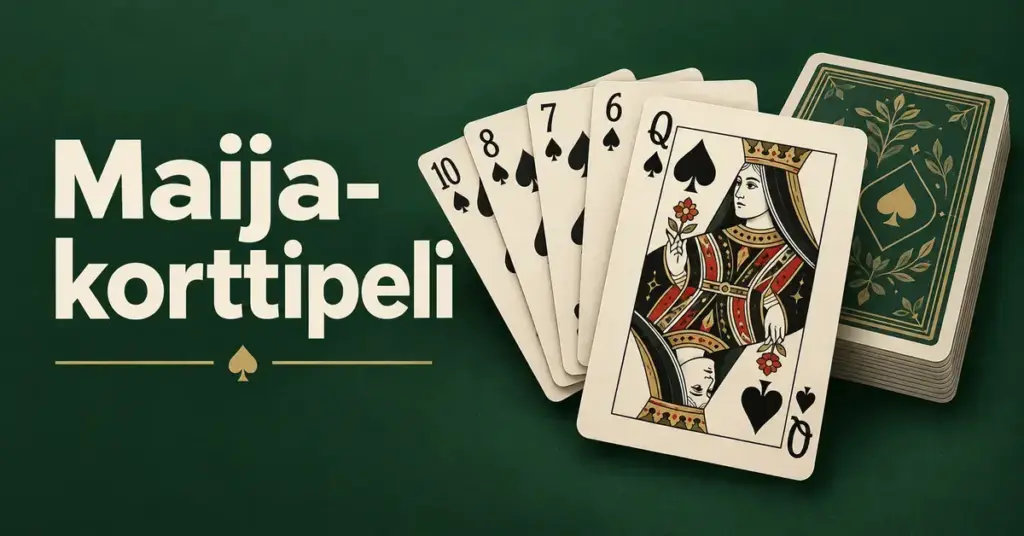 Maija-korttipelin kuvituksessa patarouva ja muut pelikortit sekä nostopakka ovat vihreällä taustalla Maija-korttipeli-otsikon vieressä.