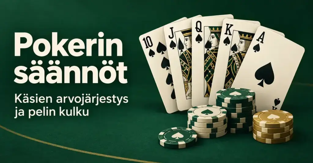 Pokerin sääntöjä esittelevä kuvitus, jossa on patakuningasvärin muodostavat viisi pelikorttia ja pelimerkkipinoja vihreällä taustalla.