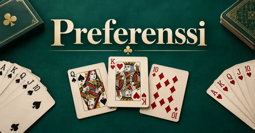 Preferenssi-korttipelin pelikortteja vihreällä pelipöydällä ja kuvan yläosassa otsikko Preferenssi.