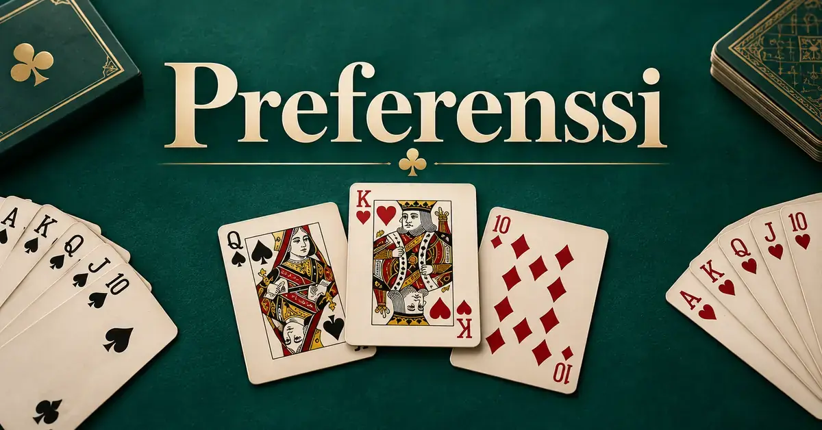 Preferenssi-korttipelin pelikortteja vihreällä pelipöydällä ja kuvan yläosassa otsikko Preferenssi.