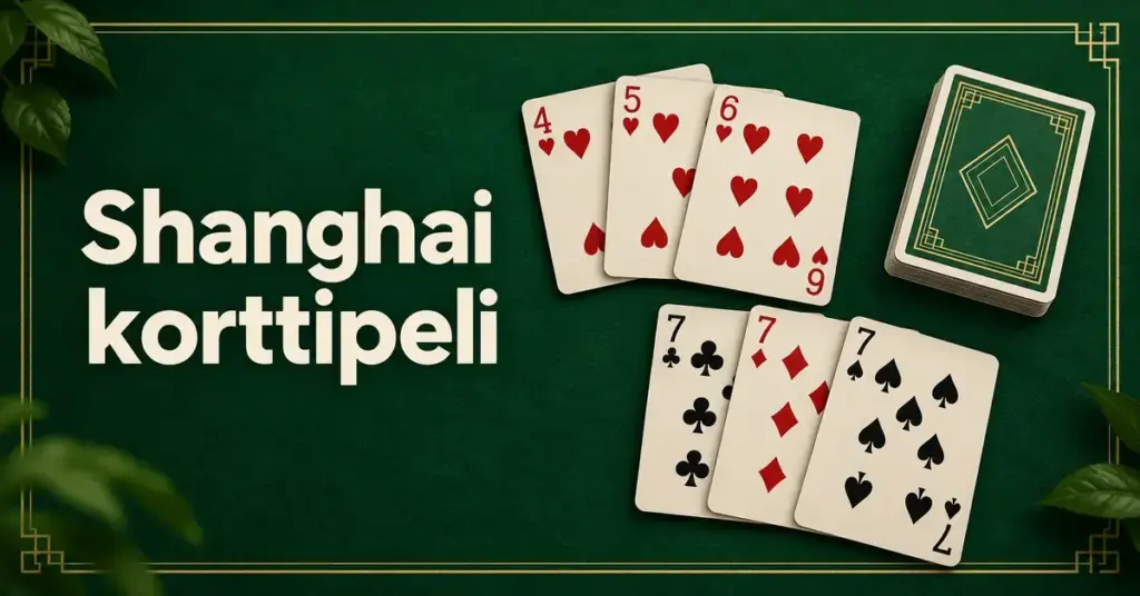 Shanghai-korttipelin korttiyhdistelmiä ja korttipakka vihreällä pelipöydällä sekä teksti Shanghai korttipeli.