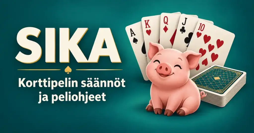 Sika-korttipelin kuvituksessa iloinen vaaleanpunainen porsas istuu pelikorttien ja korttipakan edessä tumman turkoosilla taustalla tekstin ”Sika – Korttipelin säännöt ja peliohjeet” vieressä.