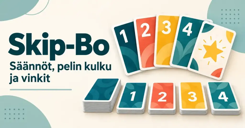 Skip-Bo-pelin sääntöjä ja vinkkejä esittelevä kuvitus, jossa on värikkäitä numerokortteja, korttipinoja ja tähtikuvioinen jokerikortti.