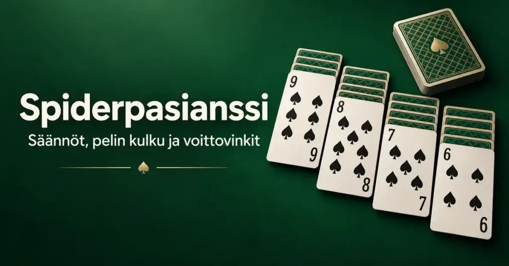 Vihreällä taustalla on patakorttien pinoja ja korttipakka sekä teksti ”Spiderpasianssi – Säännöt, pelin kulku ja voittovinkit”.