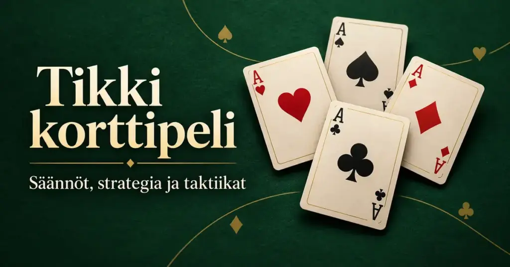 Neljä eri maan ässää vihreällä pelipöydällä sekä teksti ”Tikki korttipeli – Säännöt, strategia ja taktiikat”.