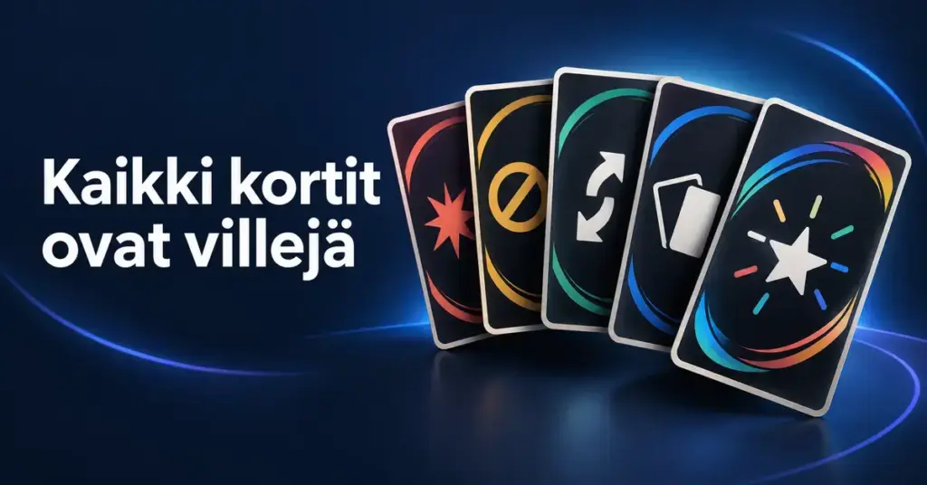 Viisi erikoiskorttia tummansinisellä taustalla ja teksti ”Kaikki kortit ovat villejä”.