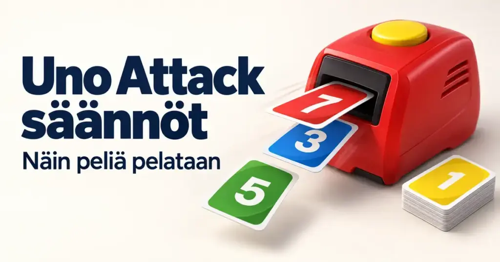 Punainen kortinjakaja sinkoaa värikkäitä numerokortteja tekstin ”Uno Attack säännöt – Näin peliä pelataan” vieressä.