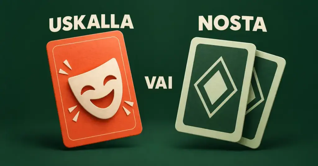 Tummanvihreä kuvitus havainnollistaa UNO Daren valintaa uskallustehtävän ja korttien nostamisen välillä teatterinaamiolla, pelikorteilla ja tekstillä ”Uskalla vai nosta”.