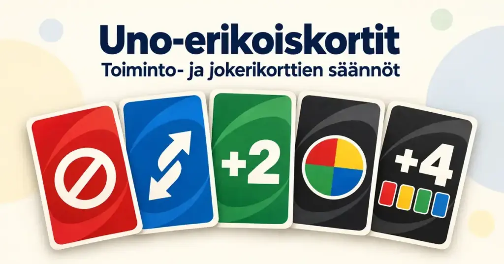 Uno-erikoiskortteja esittävässä kuvassa näkyvät ohitus-, suunnanvaihto-, nosta kaksi-, villi- ja villi nosta neljä -kortit sekä otsikko ”Uno-erikoiskortit – Toiminto- ja jokerikorttien säännöt”.