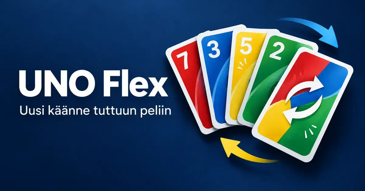 UNO Flex -otsikko ja värikkäitä numero- ja erikoiskortteja tummansinisellä taustalla.