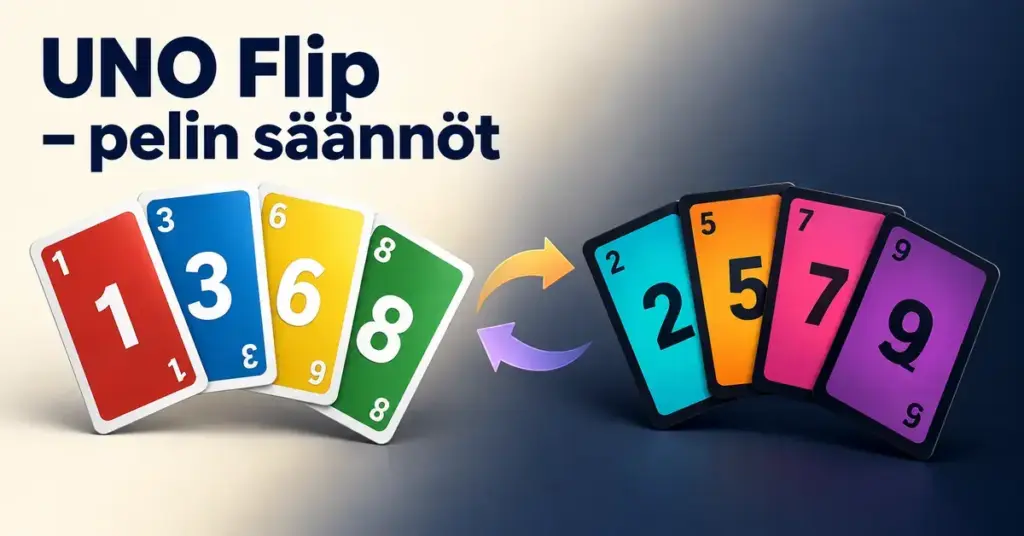 UNO Flip -pelin sääntöjä esittävä kuvitus, jossa vaalea- ja tummareunaiset värikkäät numerokortit sekä kaarevat nuolet havainnollistavat korttien kääntämistä.