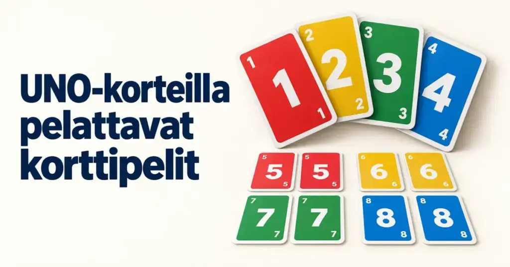 Värikkäät numerokortit viuhkana ja muistipelin pareina sekä otsikko ”UNO-korteilla pelattavat korttipelit”.