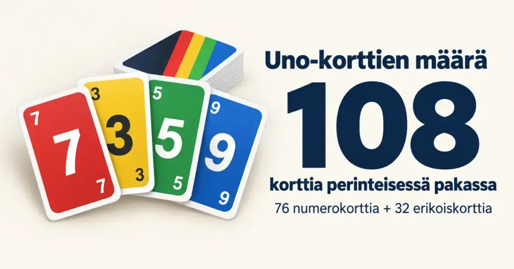 Punaiset, keltaiset, vihreät ja siniset pelikortit havainnollistavat perinteisen Uno-pakan 108 korttia, joista 76 on numerokortteja ja 32 erikoiskortteja.