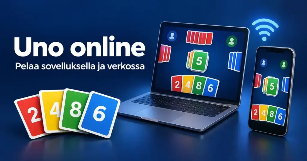 Kannettavan tietokoneen ja älypuhelimen näytöillä näkyy digitaalinen korttipeli, ja vieressä on värikkäitä numerokortteja sekä teksti ”Uno online – Pelaa sovelluksella ja verkossa”.