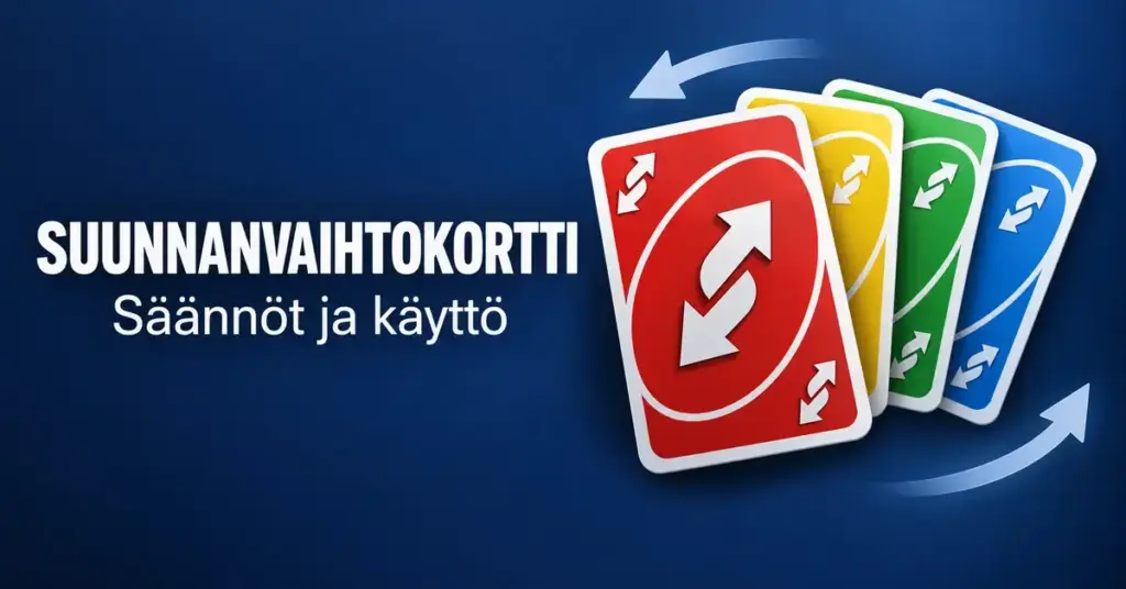 Punainen, keltainen, vihreä ja sininen suunnanvaihtokortti sekä pelisuunnan vaihtumista kuvaavat nuolet tummansinisellä taustalla tekstin ”Suunnanvaihtokortti – Säännöt ja käyttö” vieressä.