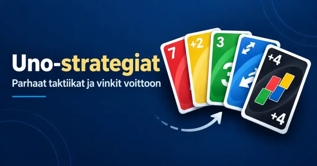 Värikkäät pelikortit ja pelisiirtoa kuvaava nuoli tummansinisellä taustalla sekä teksti ”Uno-strategiat – Parhaat taktiikat ja vinkit voittoon”.