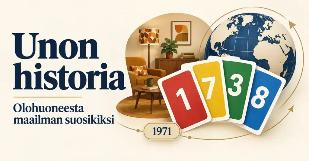 Unon historiaa kuvaava kuvitus, jossa värikkäät numerokortit, 1970-luvun olohuone, maapallo ja vuosiluku 1971 kertovat pelin matkasta maailman suosikiksi.