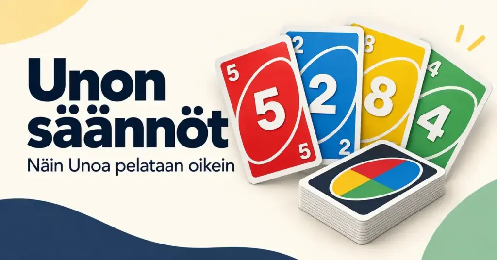 Värikkäitä numerokortteja ja korttipino sekä teksti ”Unon säännöt – Näin Unoa pelataan oikein” vaalealla taustalla.