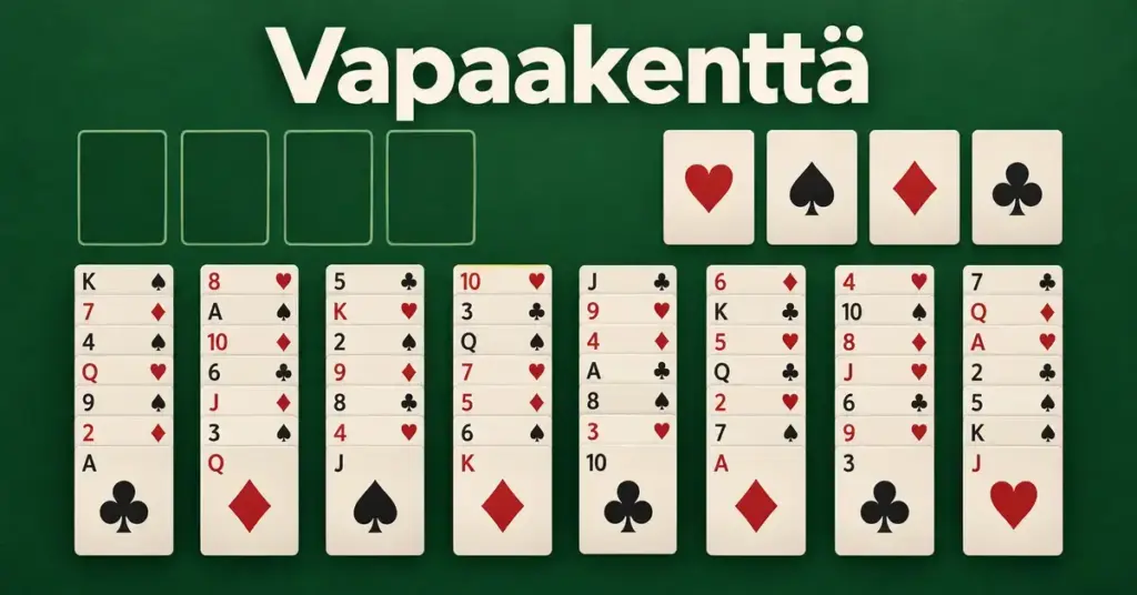 Vapaakenttä-pasianssin kortit kahdeksassa sarakkeessa vihreällä pelipöydällä, yläpuolellaan neljä vapaakenttää, neljä maapaikkaa ja otsikko Vapaakenttä.